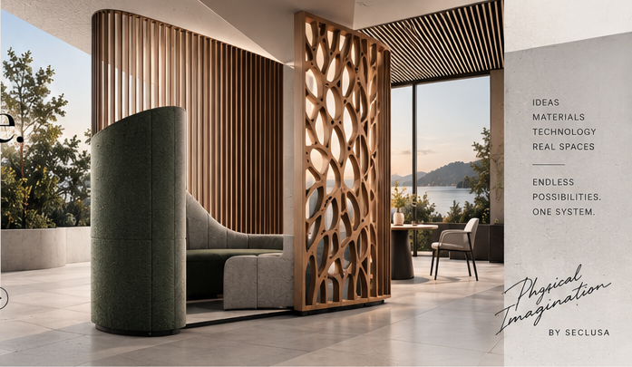 Mixed-material Seclusa spatial system in a calm architectural interior